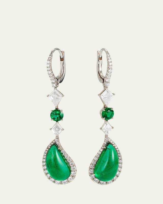 Platinum Drop Earrings Paisley Cabochon Zambian Emerald 7.75 ct. Kite/Pave Diamond 1.65 ct. Matched Emerald .59 ct.
